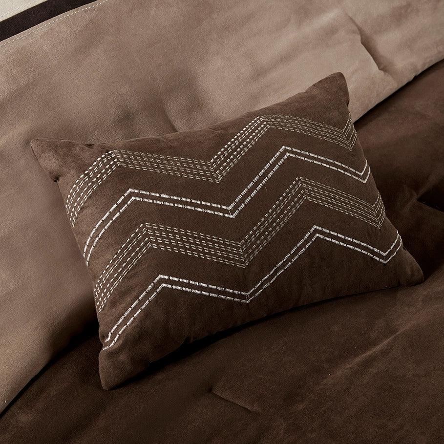 One white zig-zag embroidery over dark brown suede oblong accent pillow - Your Western Decor