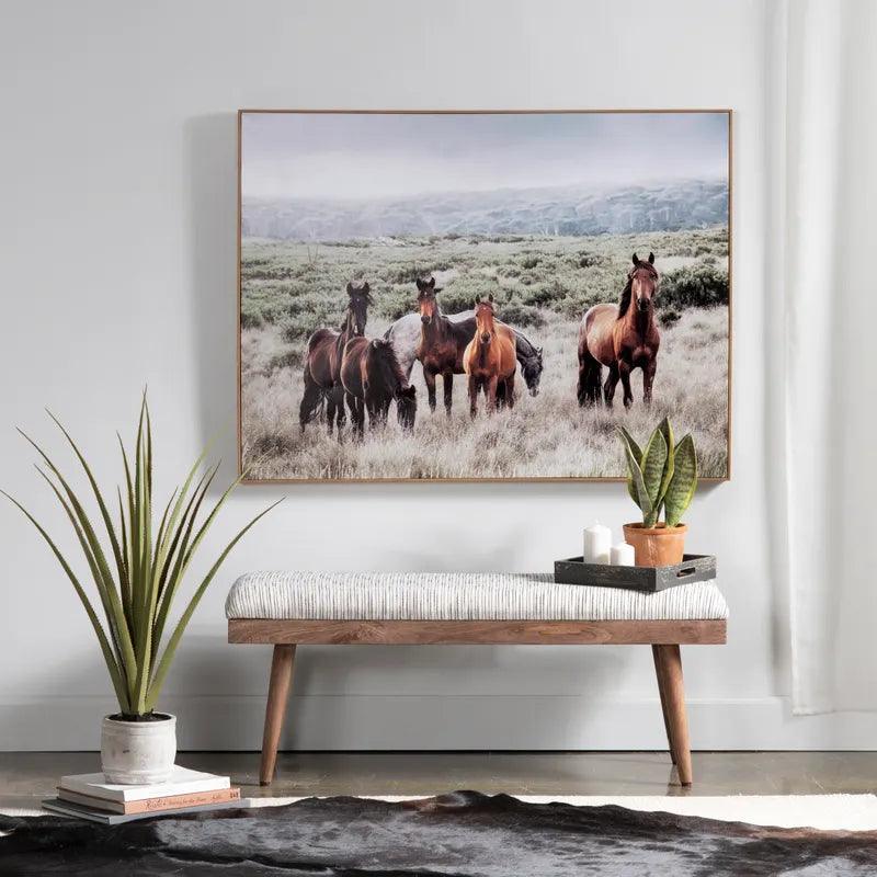 Open Range Canvas Horse Art in natural wood frame on wall with cowhide rug - Your Western Decor