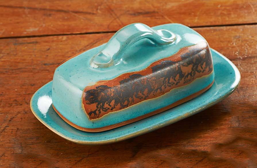 Open Range Horses Butter Dish in Turquoise - Made in the USA - Your Western Decor, LLC