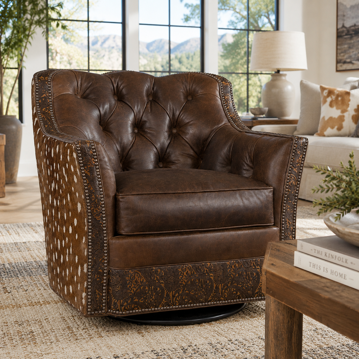 Outlaw Western Tufted Leather Swivel Chair with dark chocolate leather, embossed paisley leather, and Axis print hair-on-hide accents.