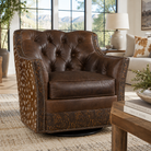 Outlaw Western Tufted Leather Swivel Chair with dark chocolate leather, embossed paisley leather, and Axis print hair-on-hide accents.