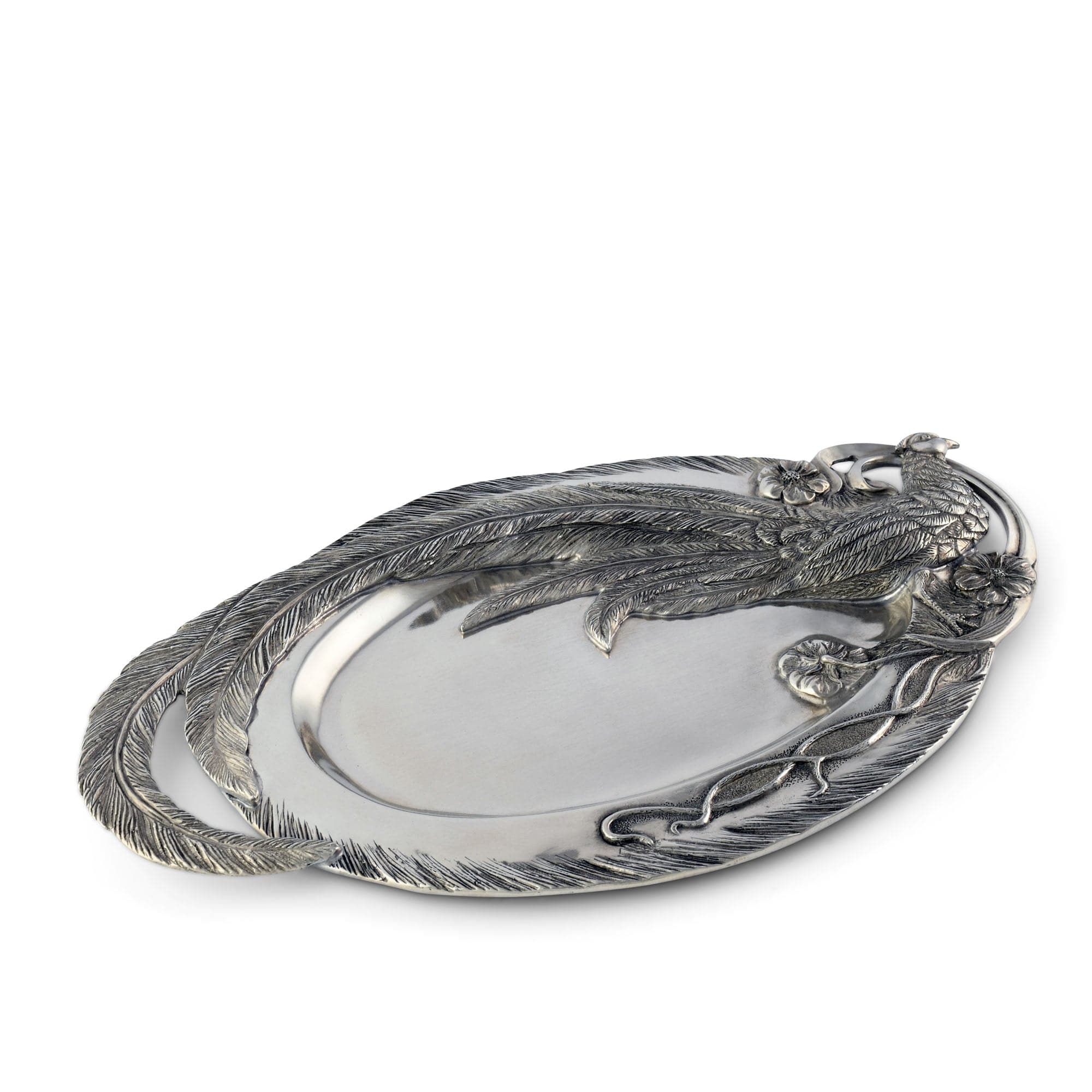 Pewter Pheasant Oval Serving Tray with detailed carved feathers and bird - Your Western Decor