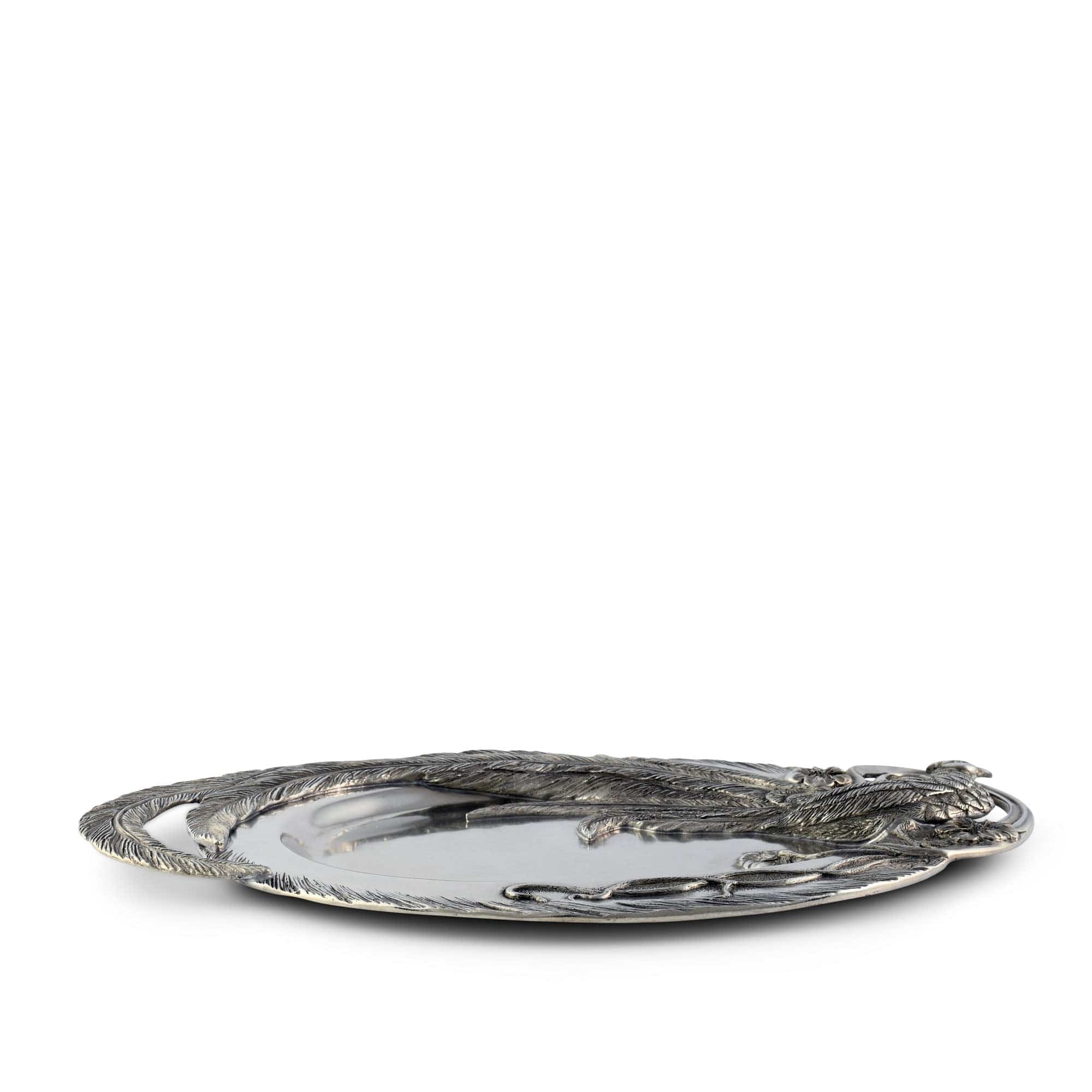 Pewter Pheasant Oval Serving Tray with detailed carved feathers and bird - Your Western Decor