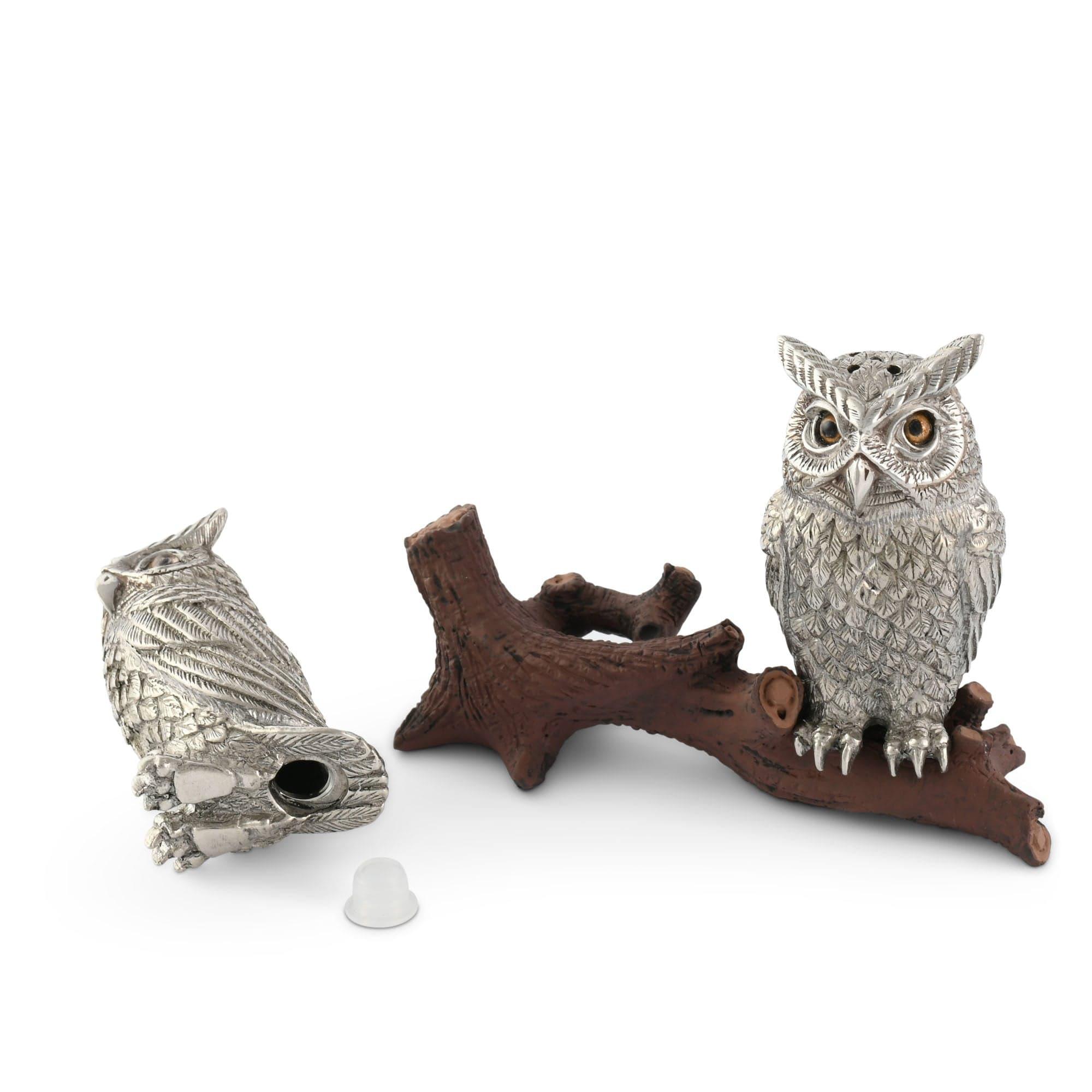 Pewter owl salt and pepper shakers perched on a log - Your Western Decor