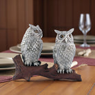 Two owl-shaped salt and pepper shakers on a wooden stand with a blurred background of a dining setting - Your Western Decor