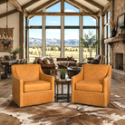 Palomino Boot Stitch Leather Swivel Chair in saddle-toned pure aniline leather with western cowboy boot stitch detailing, staged in open ranch themed space 