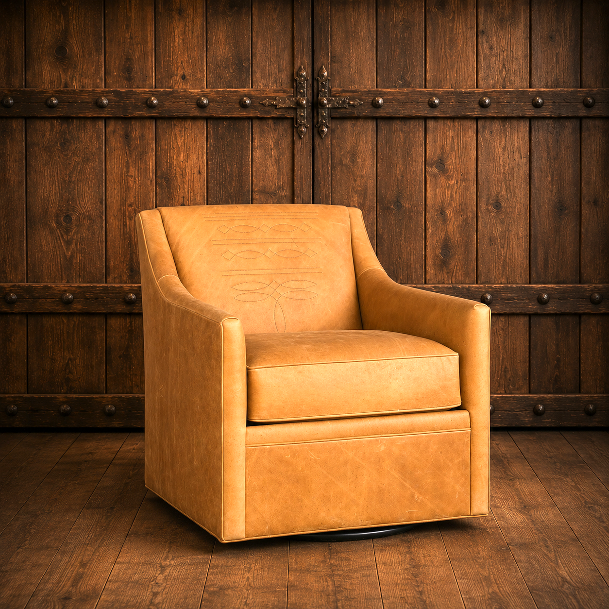 Palomino Boot Stitch Leather Swivel Chair in saddle-toned pure aniline leather with western cowboy boot stitch detailing