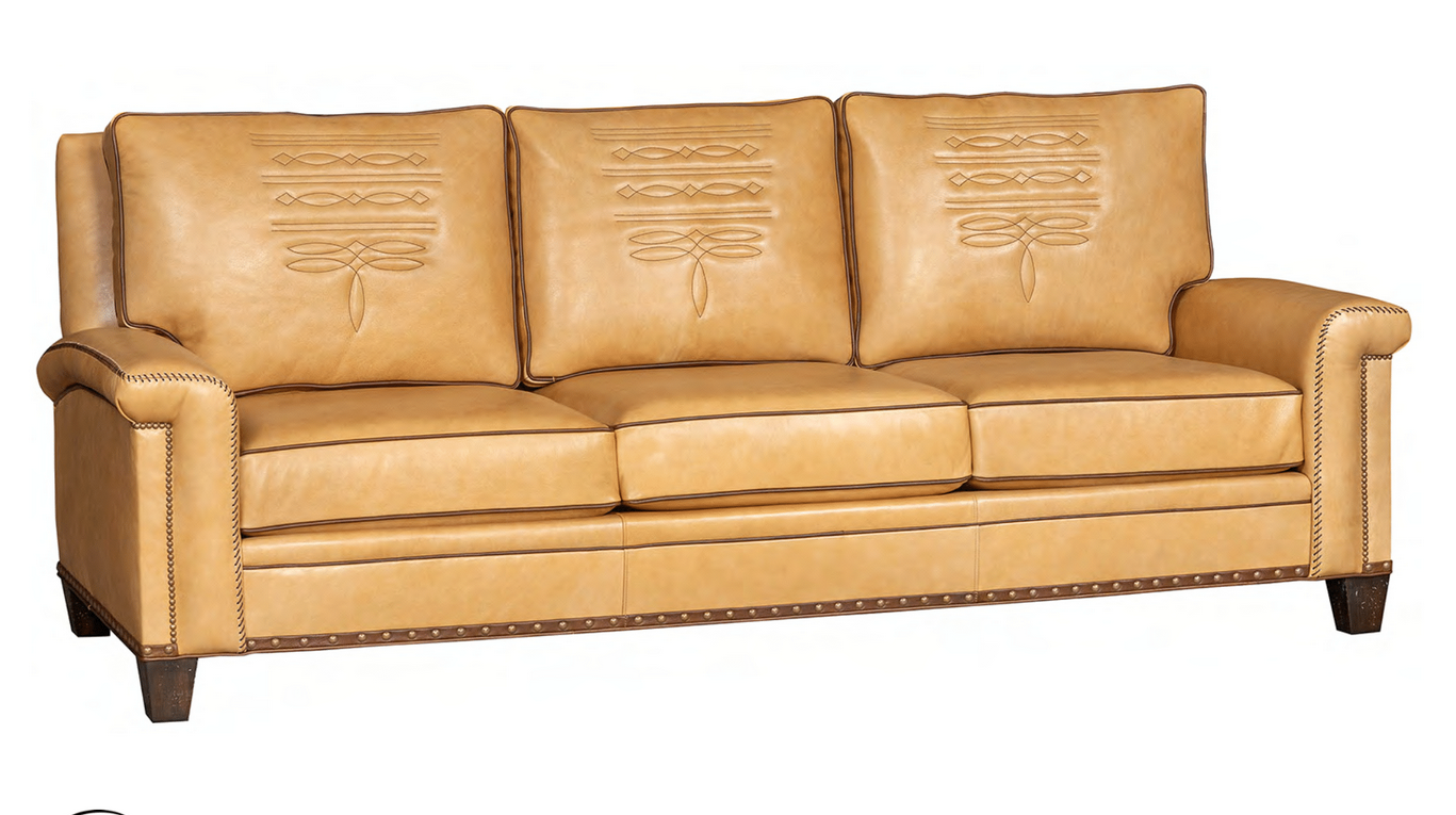 Palomino leather sofa with contrasting brown welt, gimp, boot stitch design, and hand sewn whip stitching detail - American made 
