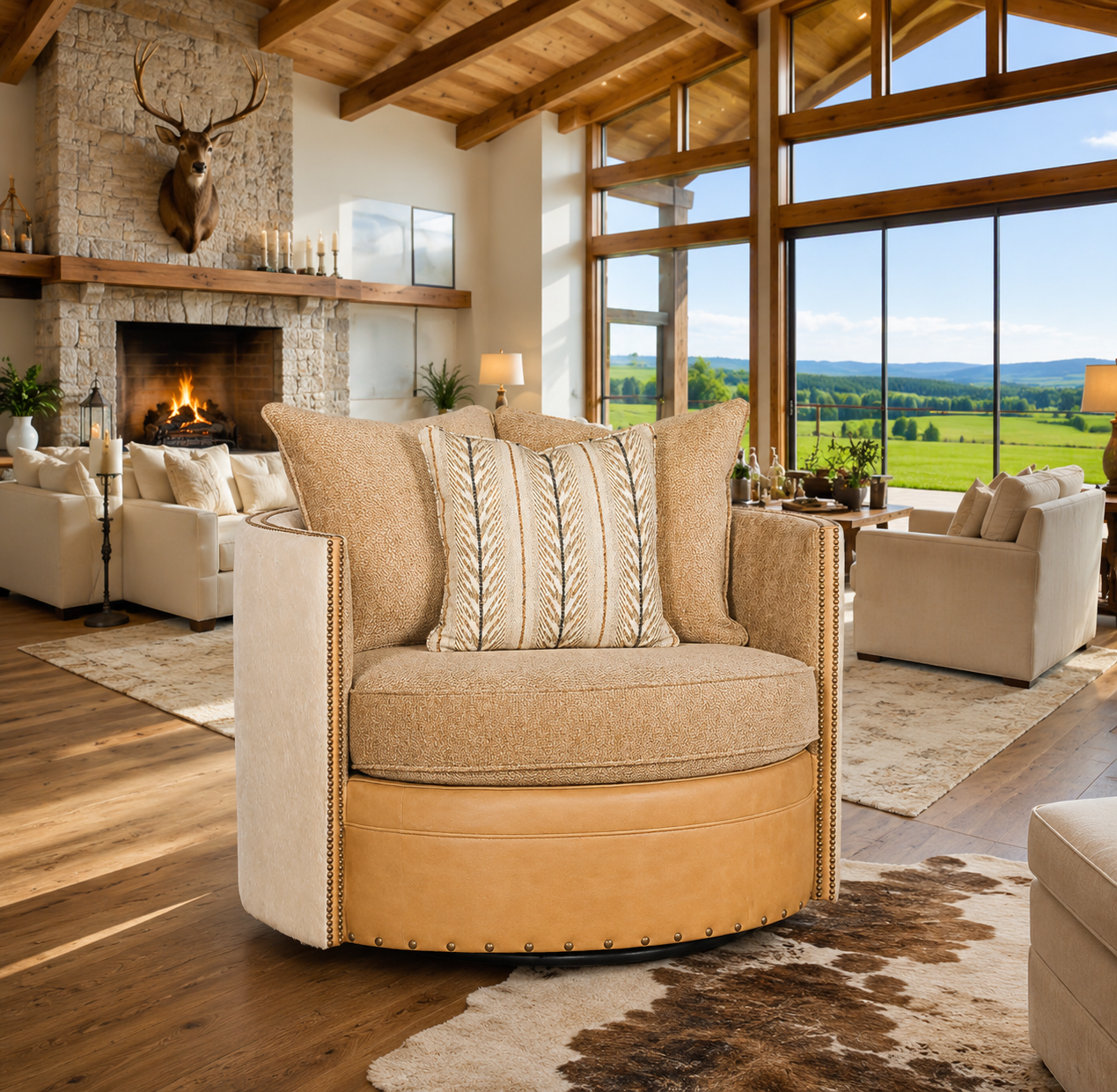 Palomino Ivory Swivel Chair front with pure aniline leather, chenille upholstery, and ivory hair-on-hide accents in a luxury ranch living room