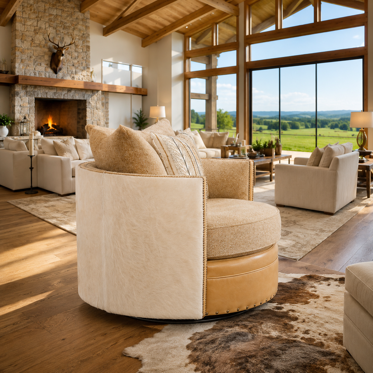 Palomino Ivory Swivel Chair side with pure aniline leather, chenille upholstery, and ivory hair-on-hide accents in a luxury ranch living room
