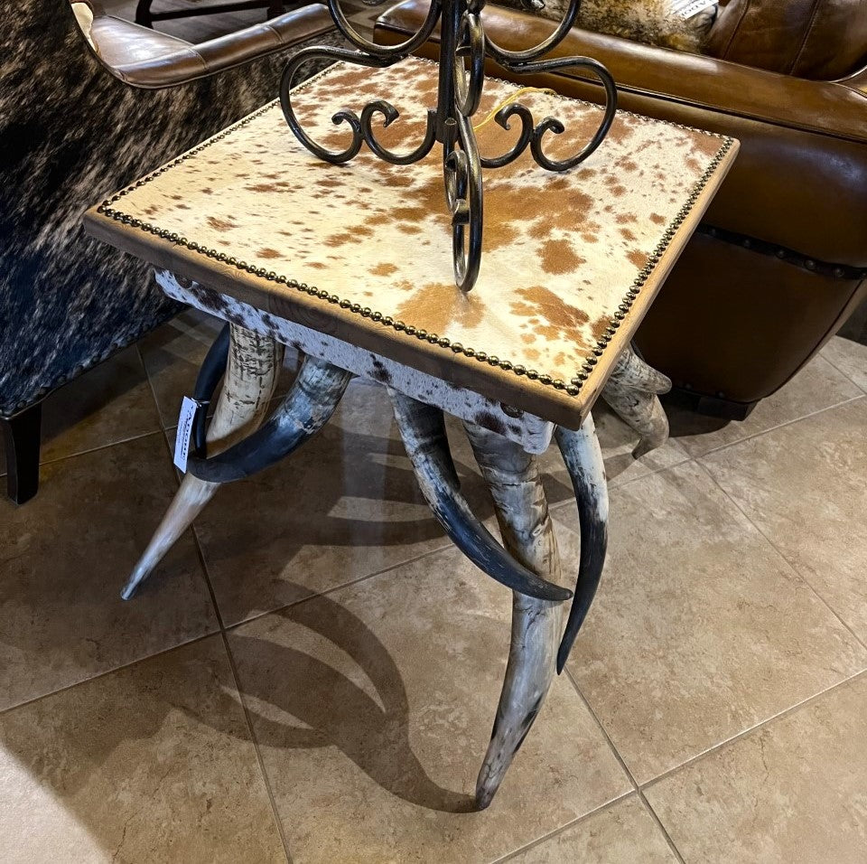 Beige & White Cowhide & Horn Side Tables - Your Western Decor