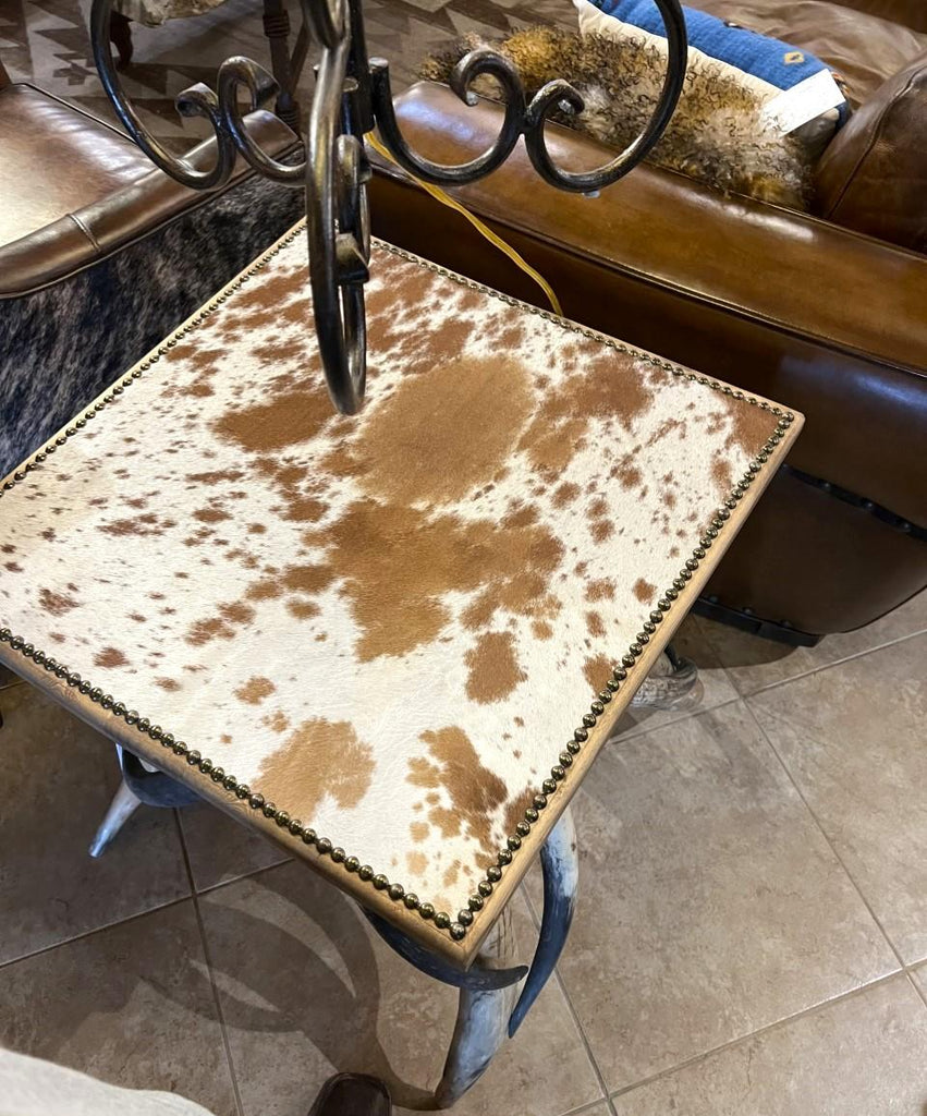 Set of Beige & White Cowhide & Horn Side Tables - Your Western Decor