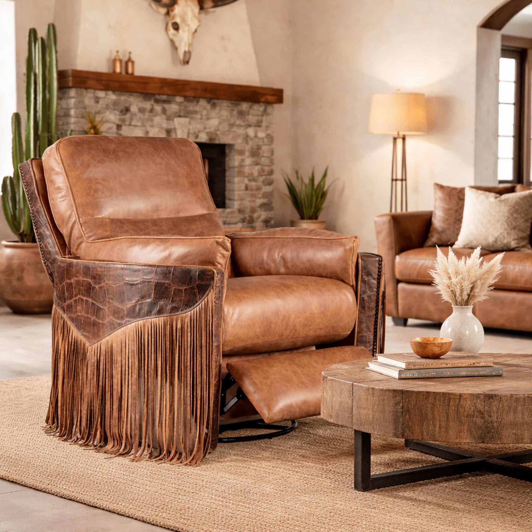 Panhandle Western Leather Recliner with fringe, top-grain leather, croc embossed accents, and hair-on-hide details in ranch themed living room 