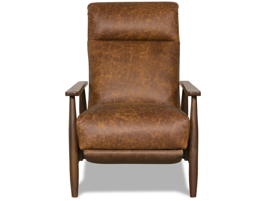 American-made leather recliner with solid walnut frame, front view
