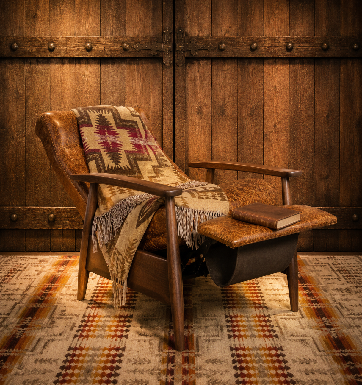 Panhandle Retro Leather Recliner in the reclined position with a Southwestern throw blanket and rug in a rustic living room.