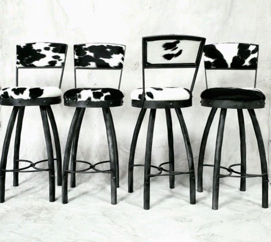 Peak 9 Iron & Black & White Cowhide Bar Chairs - Made in the USA - Your Western Decor