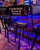 Custom plasma cut iron and leather bar stools - Your Western Decor