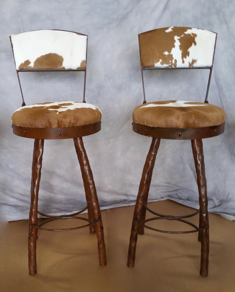Peak 9 Cowhide upholstered iron forged bar and counter stools with backs and swivel - Made in the USA - Your Western Decor