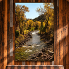 A framed vertical landscape art print depicting a rushing river through an autumn forest with golden trees, displayed on a rustic wooden wall above a plaid cushion.