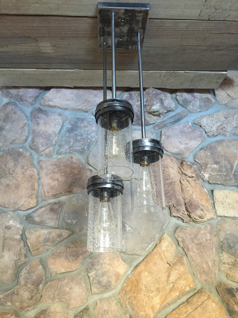 Pebble Creek Cylinder Pendant w/ clear seedy glass shade