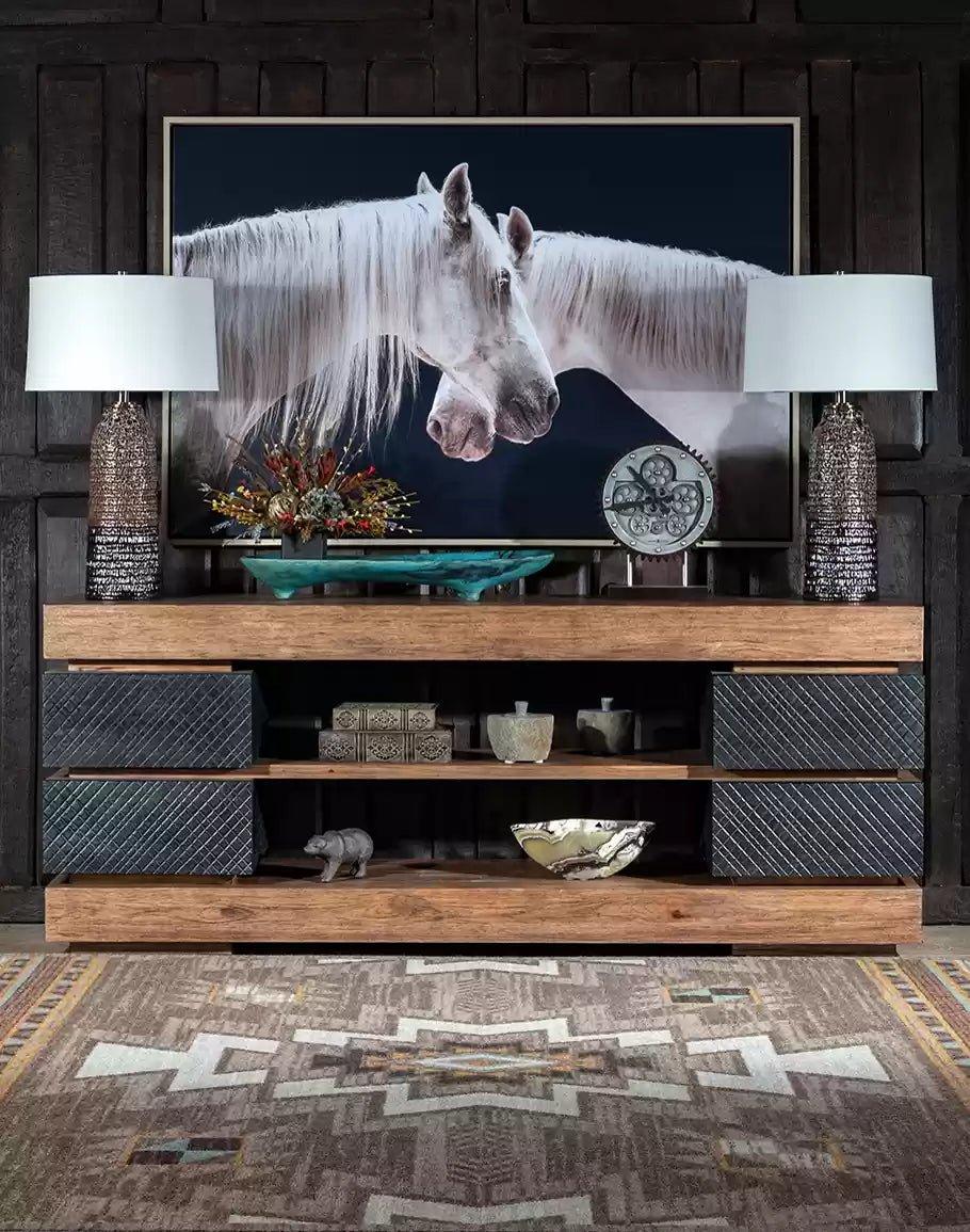 American made Furrowed Bark & Hickory TV Console room setting - Your Western Decor