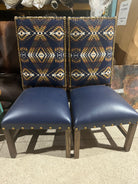 Pendleton Mission Trails dining chairs with deep blue leather seats in factory
