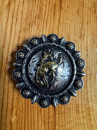 Metal western berry concho with Pendleton Let 'er Buck Bronc