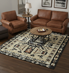 Living room with brown leather furniture on a Storm Falcon area rug by Pendleton 