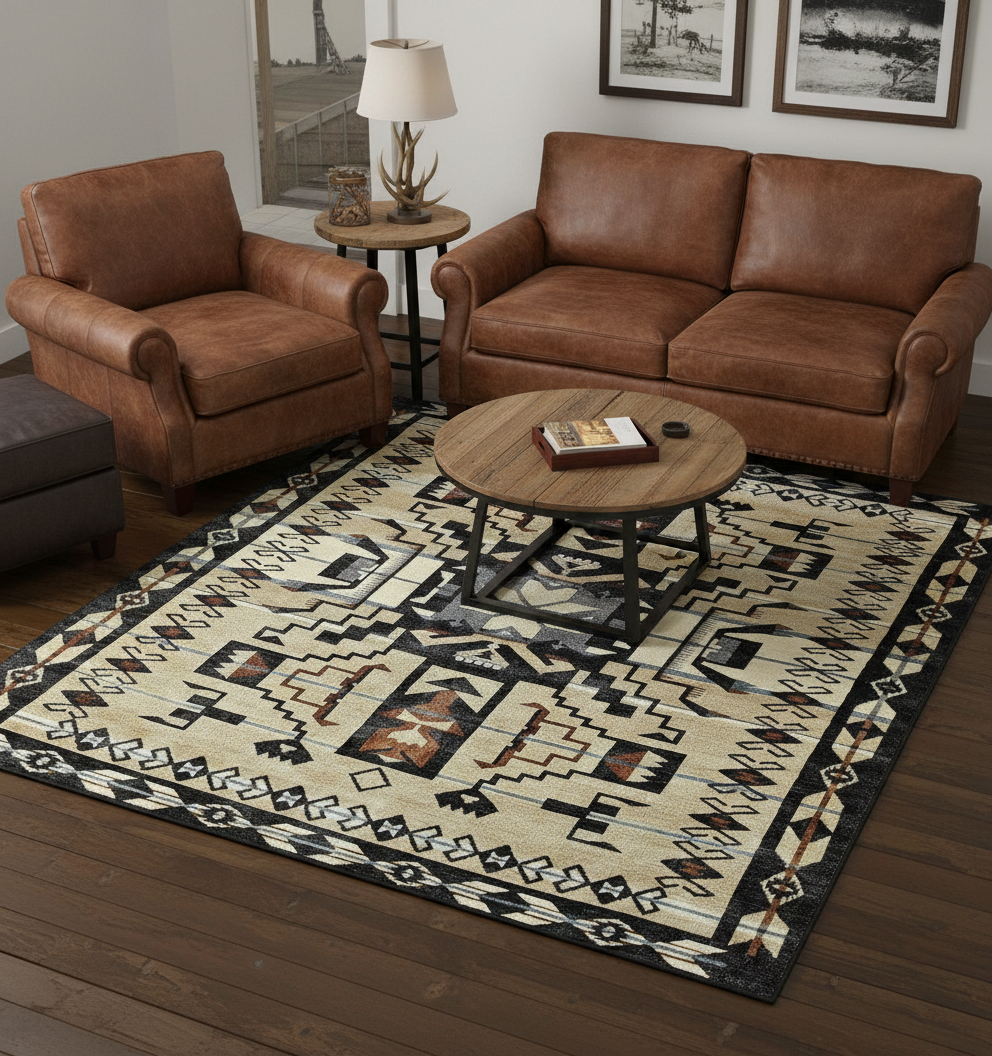 Living room with brown leather furniture on a Storm Falcon area rug by Pendleton 
