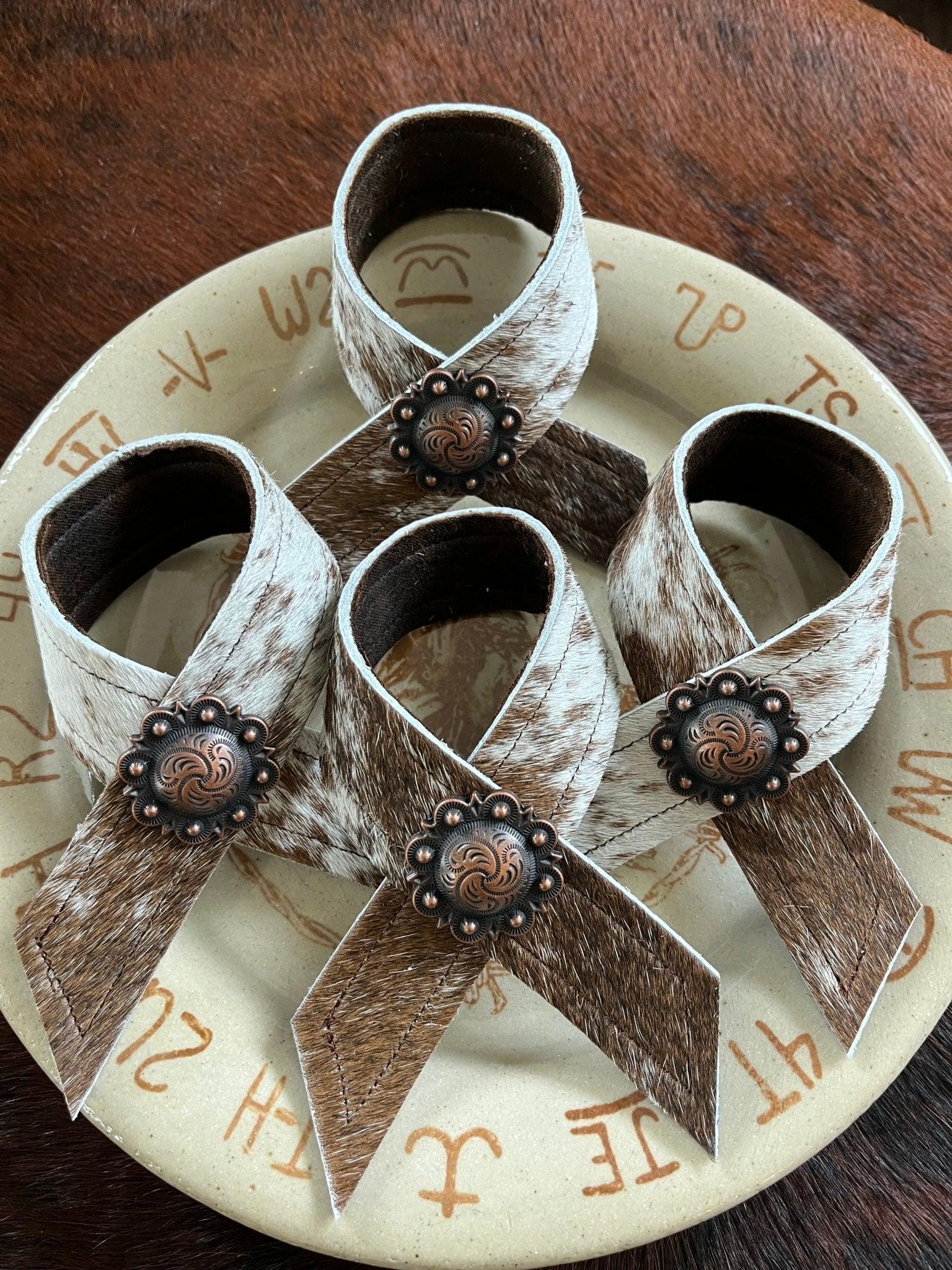 Peppered Brown White Cowhide Concho Napkin Rings - Your Western Decor