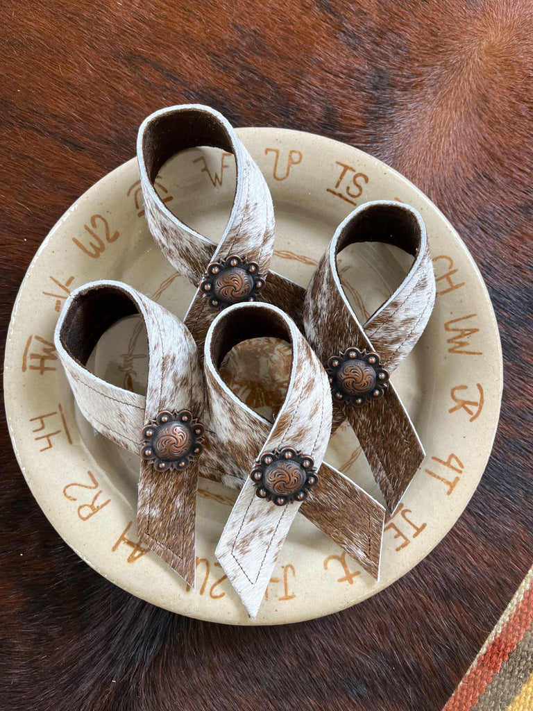 Peppered Brown White Cowhide Concho Napkin Rings - Your Western Decor