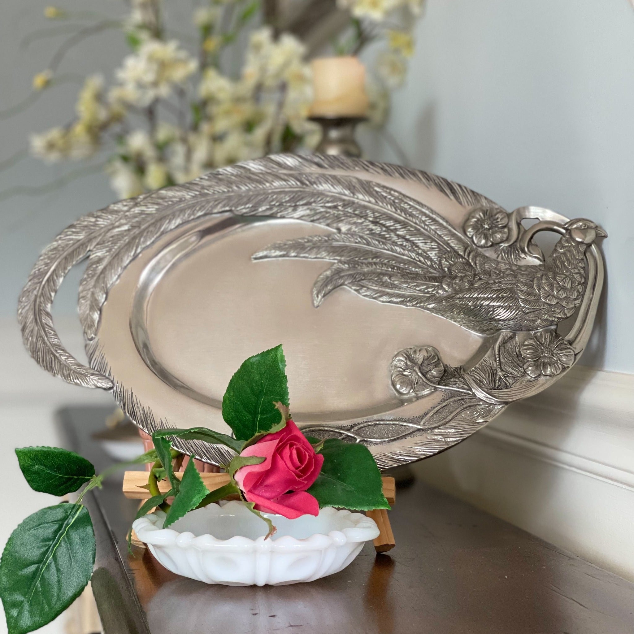 Pewter Pheasant Oval Serving Tray with detailed carved feathers and bird - Your Western Decor