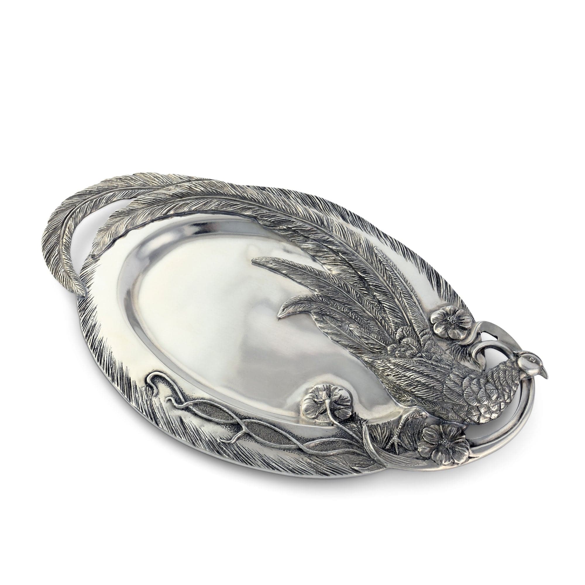 Pewter Pheasant Oval Serving Tray with detailed carved feathers and bird - Your Western Decor