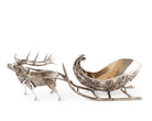 Decorative silver reindeer pulling a sleigh on a white background