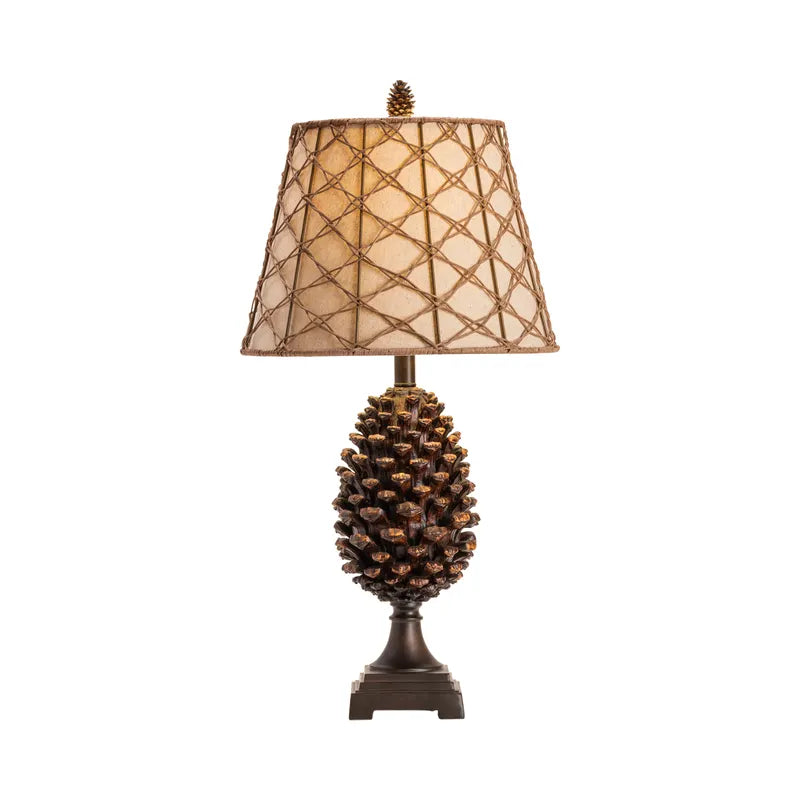 pinecone table lamp rustic lodge lighting cream shade bronze mesh cabin decor
