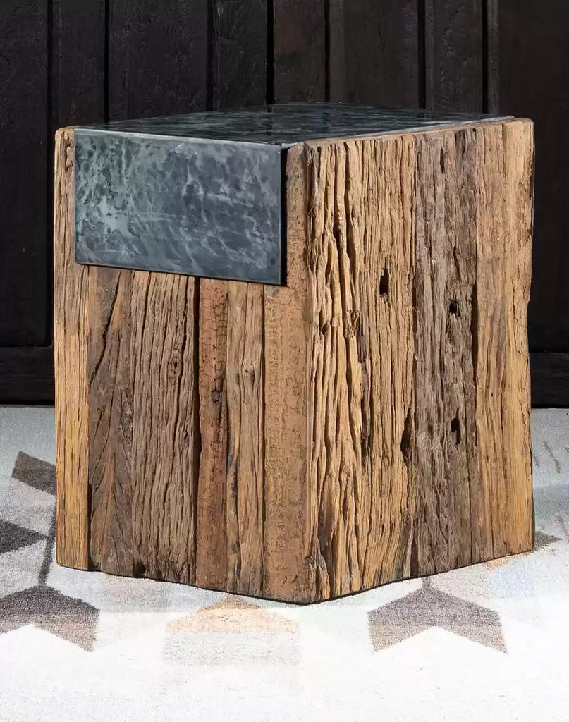 Reclaimed Pine & Marble Side Table - Your Western Decor