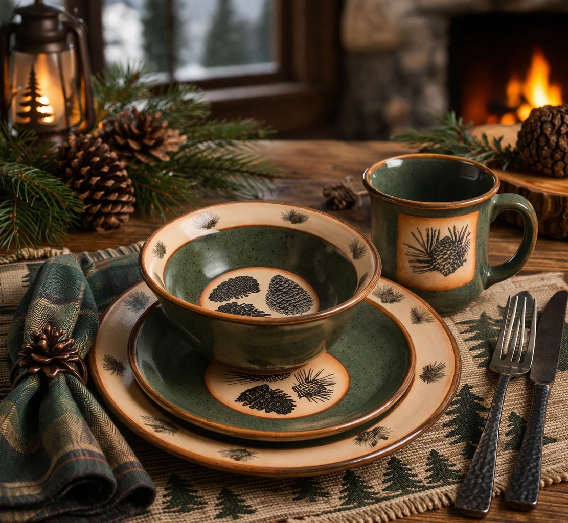 pinecone dinnerware set with rustic lodge table setting featuring green stoneware plates bowl and mug on wooden table with pine accents and warm lighting
