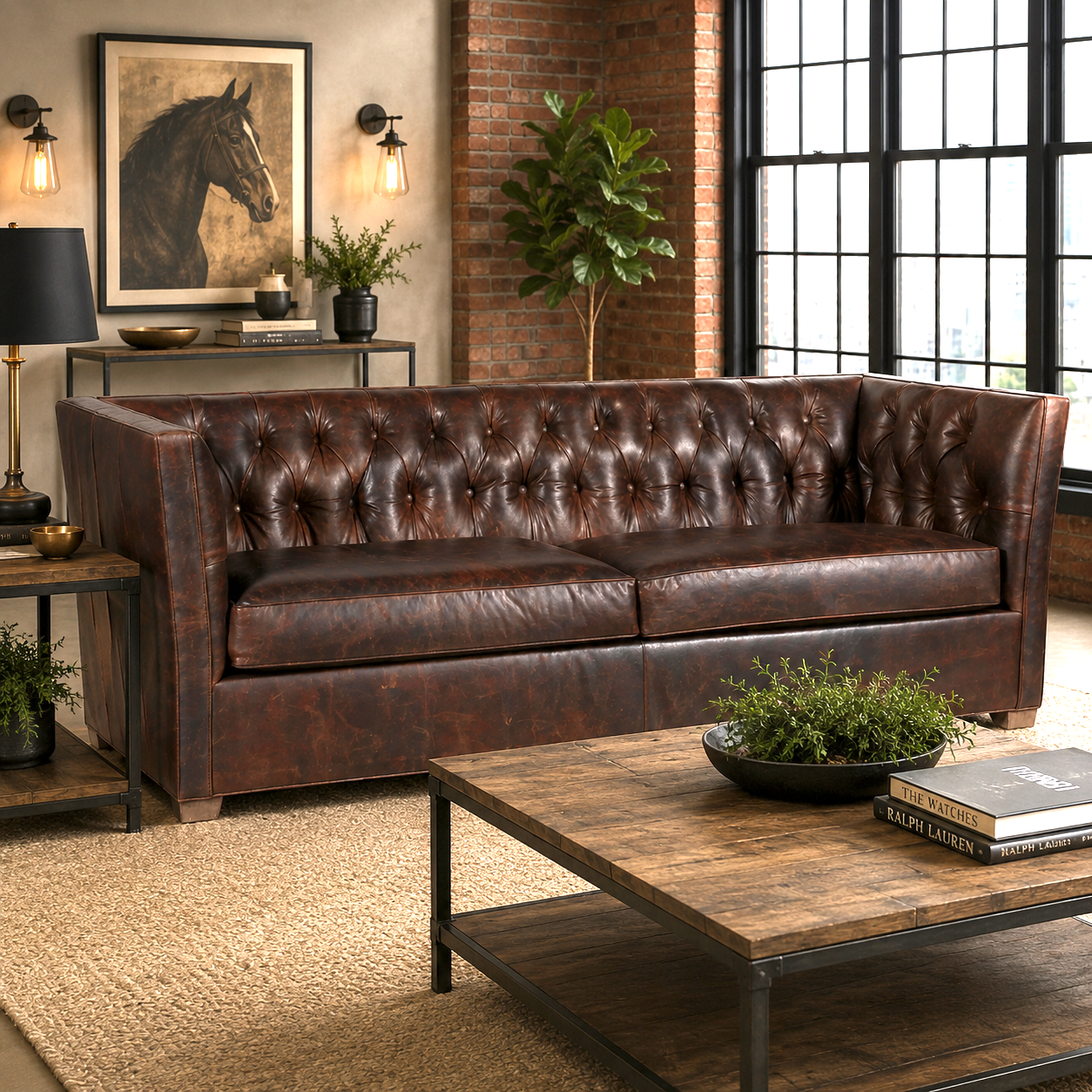 American made Porto tufted leather sofa in dark brown with deep button tufting.