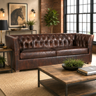 American made Porto tufted leather sofa in dark brown with deep button tufting.