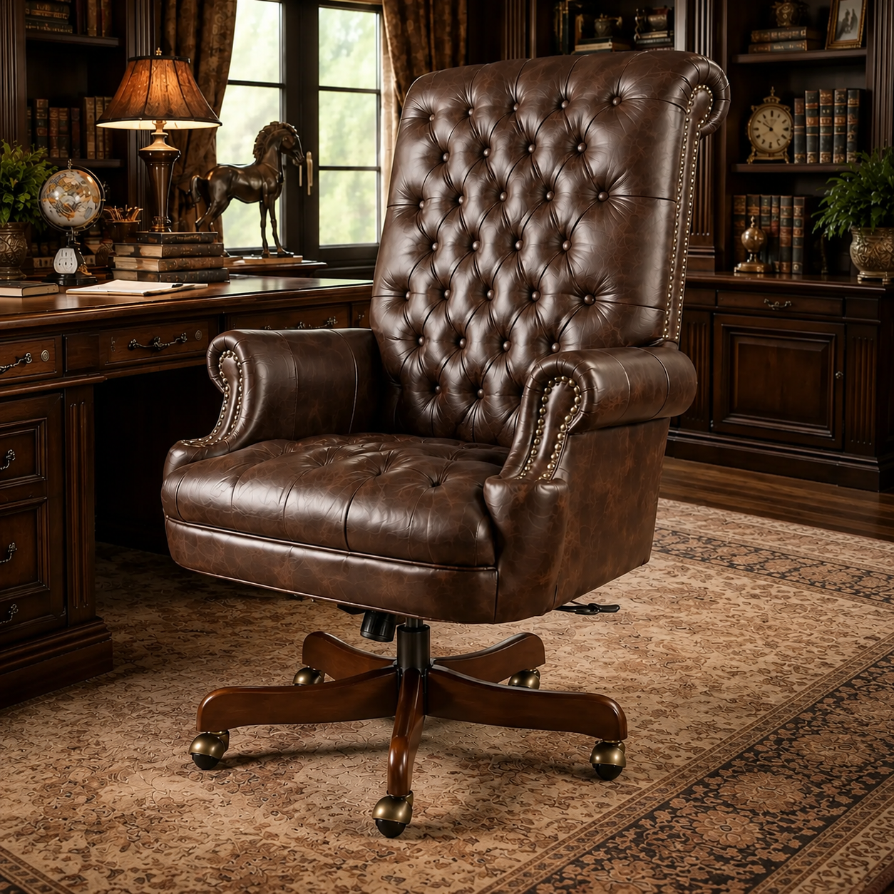 A luxury brown leather swivel office chair with a high tufted backrest, rolled arms, and a wooden five-star base, set in a classic, warm-toned study room.