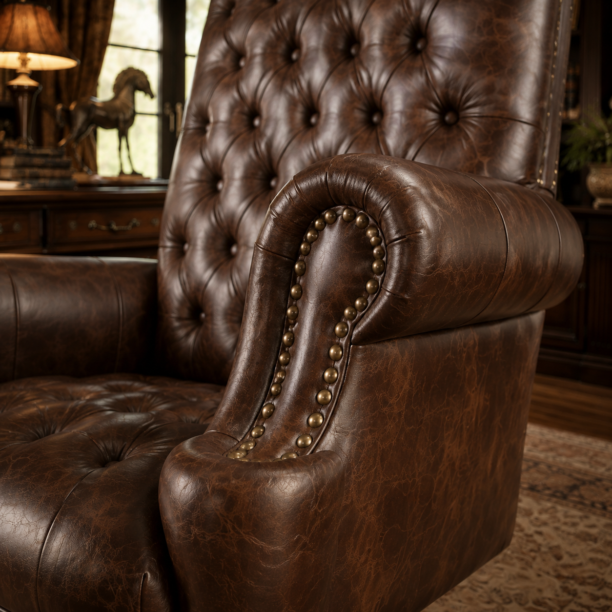 A close-up of a dark brown distressed leather recliner office chair with tufted button detailing, rolled arms, and brass nailhead trim, shown in a warm, rustic room setting.