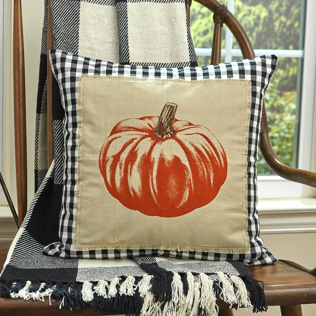 Fall throw pillow with burlap patch with pumpkin image and black check outside - Your Western Decor