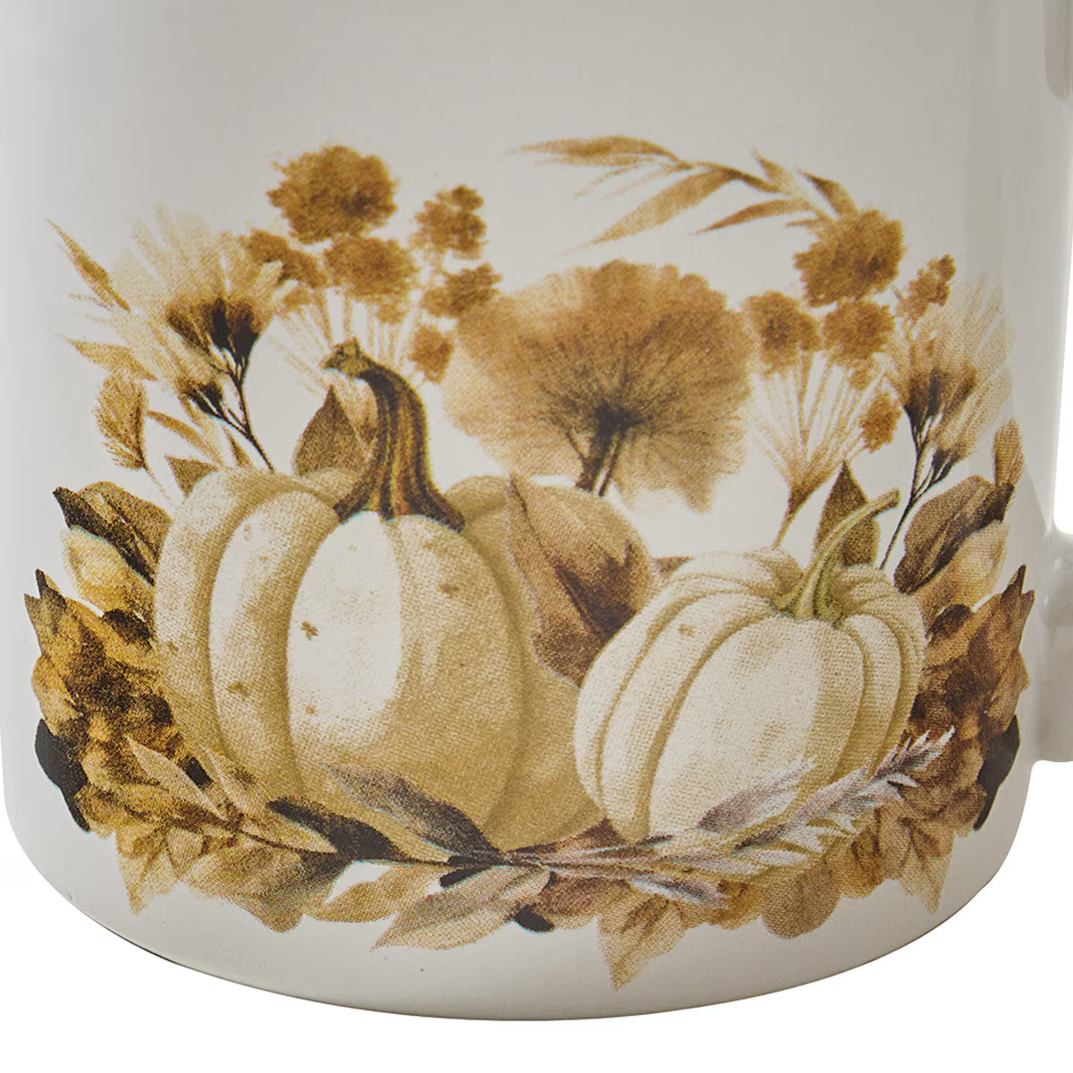Ceramic mug with autumn-themed design featuring pumpkins and leaves on a white background - Your Western Decor