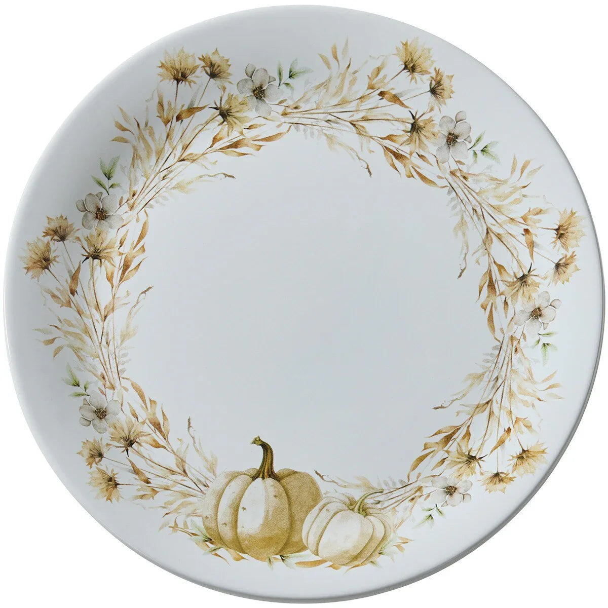 Decorative plate with floral wreath and pumpkins on a white background - Your Western Decor