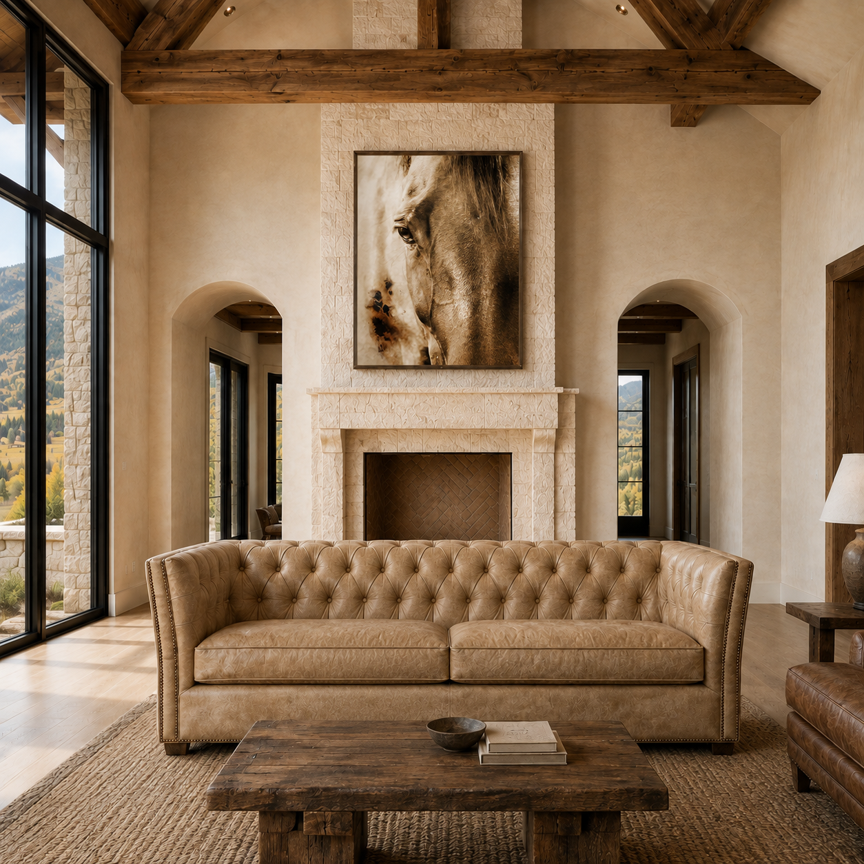 A large tufted beige leather sofa in a rustic, warm-toned living room with a stone fireplace, wood ceiling beams, and a framed horse portrait above it.