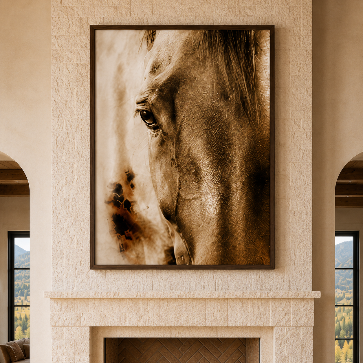 A large framed wall art print showing a close-up sepia-toned horse face, displayed above a fireplace in a beige interior with arched windows in the background.