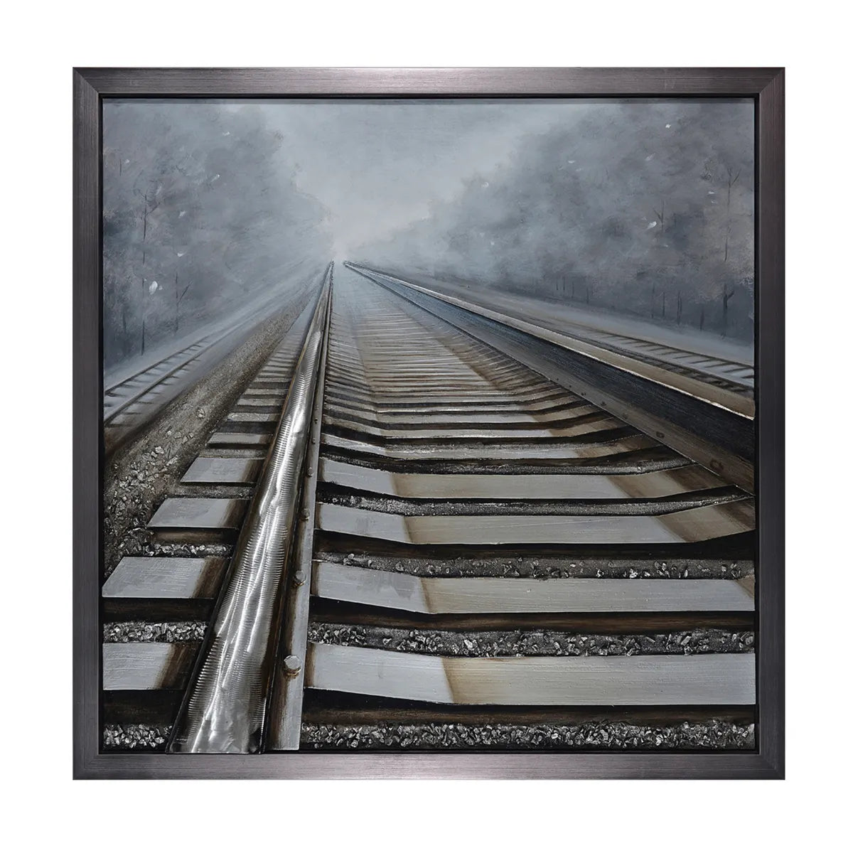 Framed artwork of a railway track converging into the distance.
