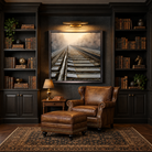 A framed wall art print depicting railroad tracks leading into a misty landscape, displayed in a dark wood-paneled room above a brown leather armchair and matching ottoman, with bookshelves in the background.