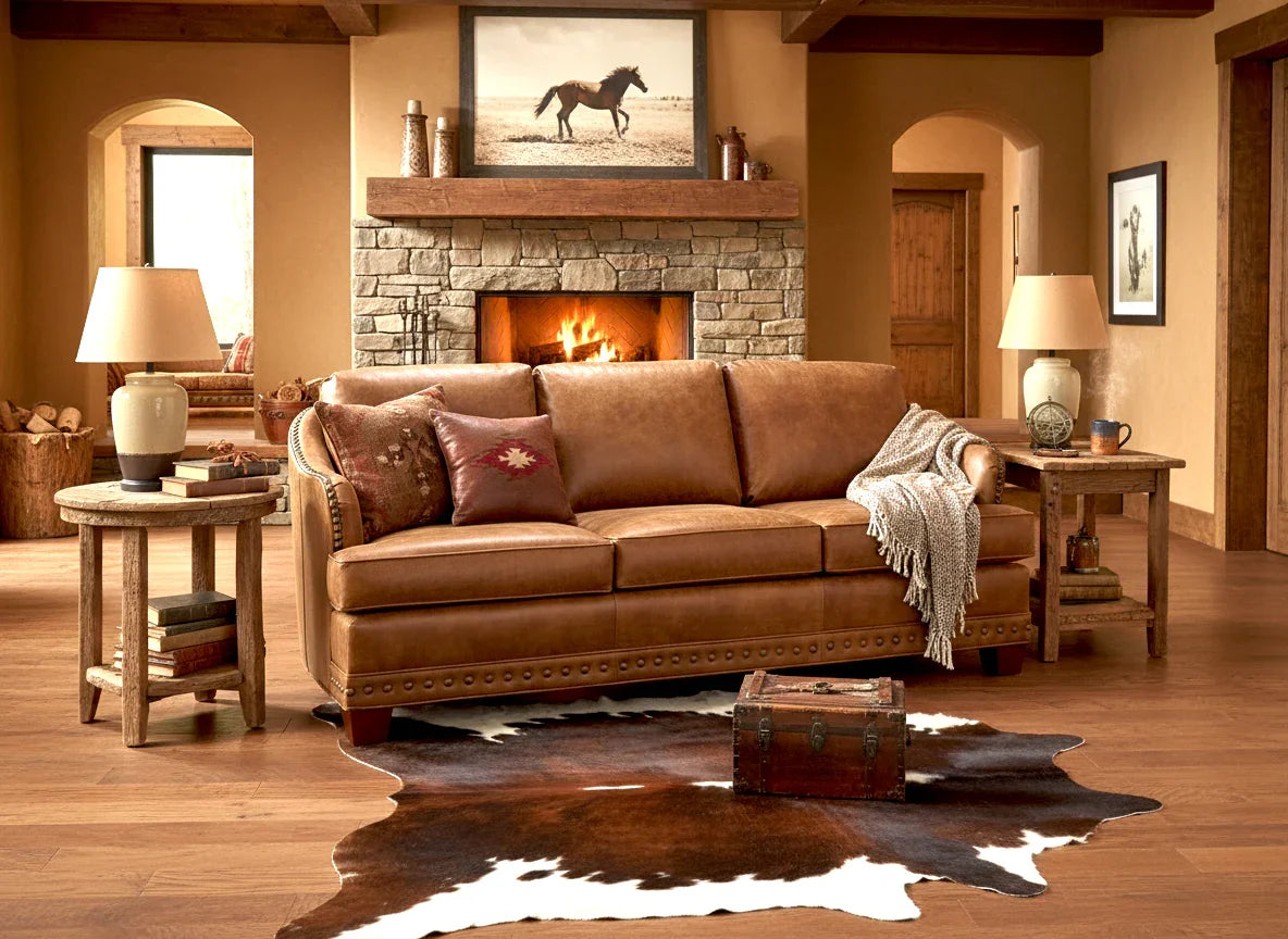 Rambler leather sofa in rustic Yellowstone living room setting - Your Western Decor