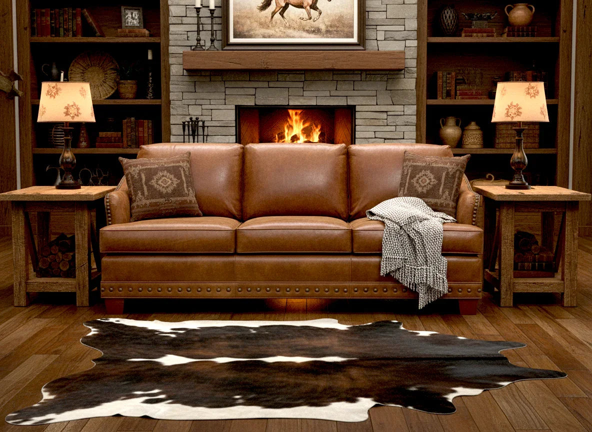 Brown leather sofa in a living room with wooden shelves, lamps, and a fireplace